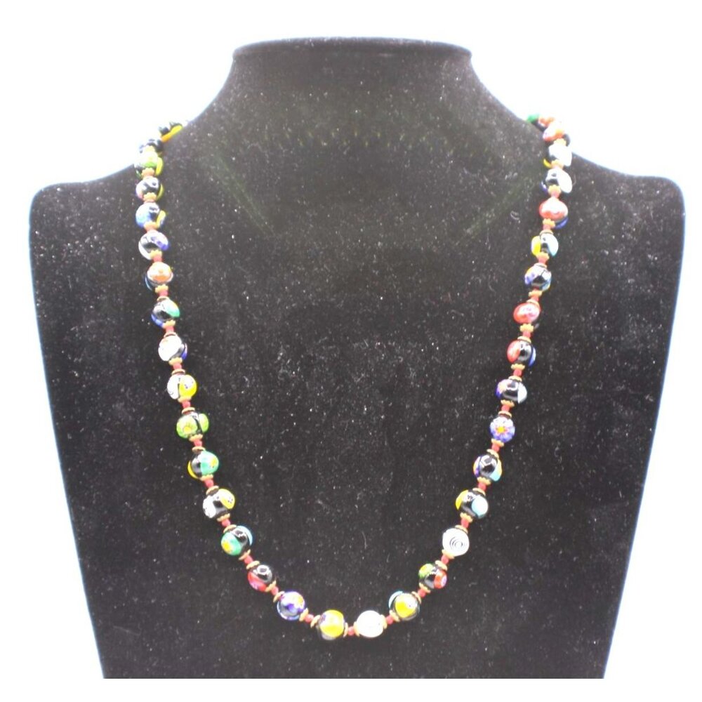 Venetian Millefiori Italian Glass Murano Bead Necklace Screw Clasp 22" Vintage - Picture 3 of 9